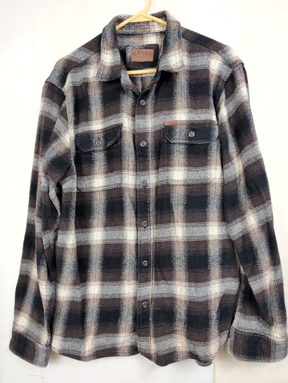 Orvis chocolate brown plaid button up flannel shirt jacket Size L Cabin Outdoors